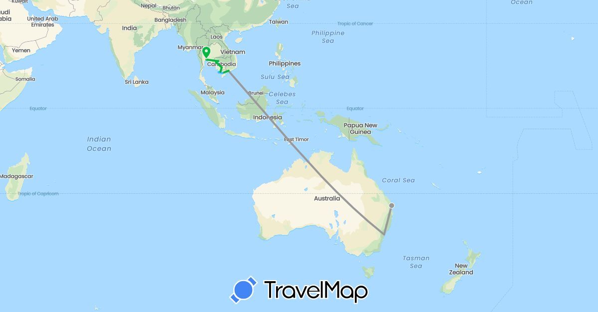 TravelMap itinerary: driving, bus, plane, boat in Australia, Cambodia, Thailand, Vietnam (Asia, Oceania)